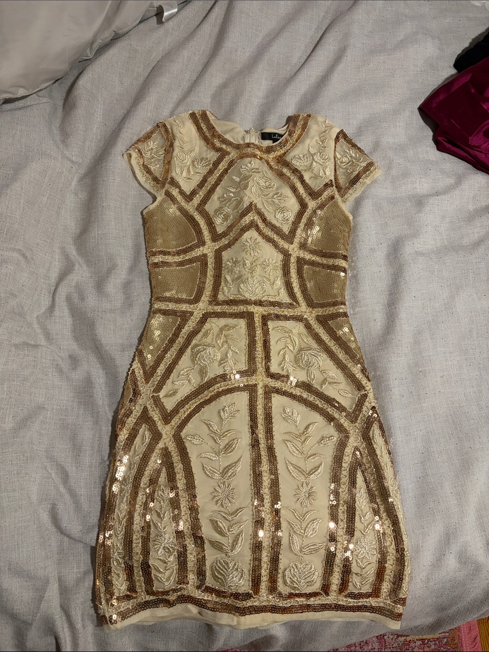 Lulu's Gold and Cream Sequin Embroidered Mini Dress